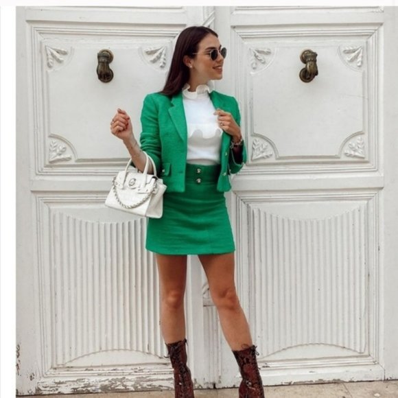 NWT ZARA 2 PIECE TEXTURED BLAZER + SKIRT APPLE GREEN - Picture 8 of 8